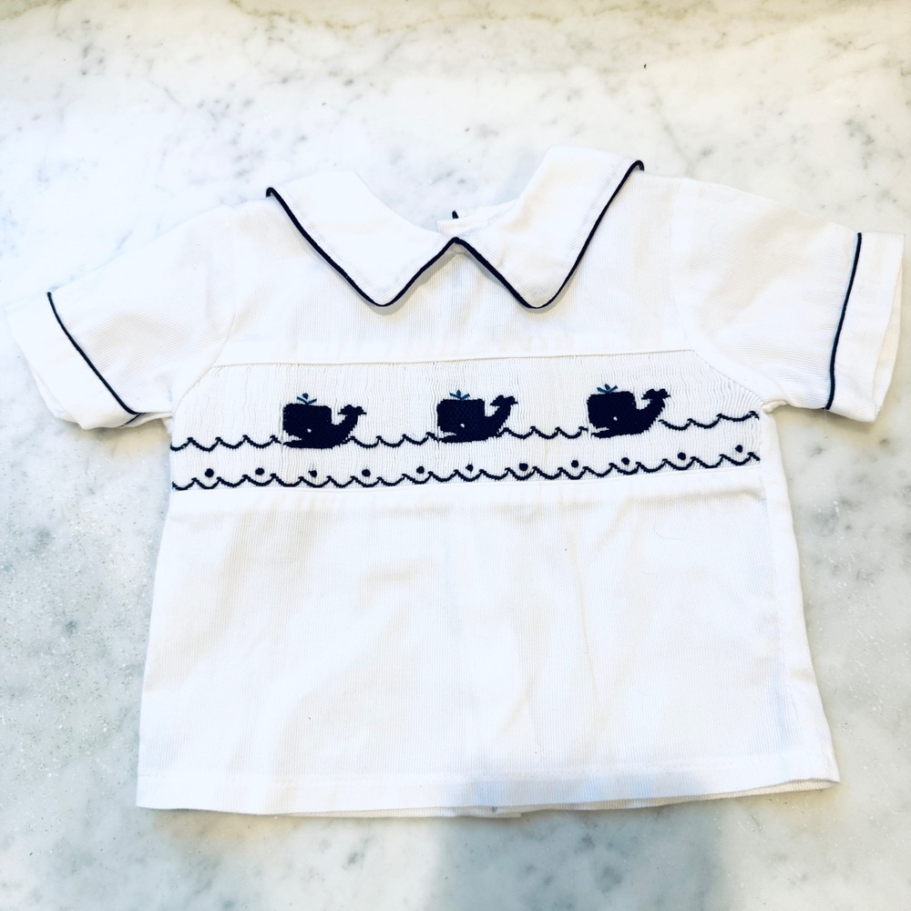 Royal Child Smocked Whale Shirt‎ Nautical White Blue Collar Short Sleeve 12M
